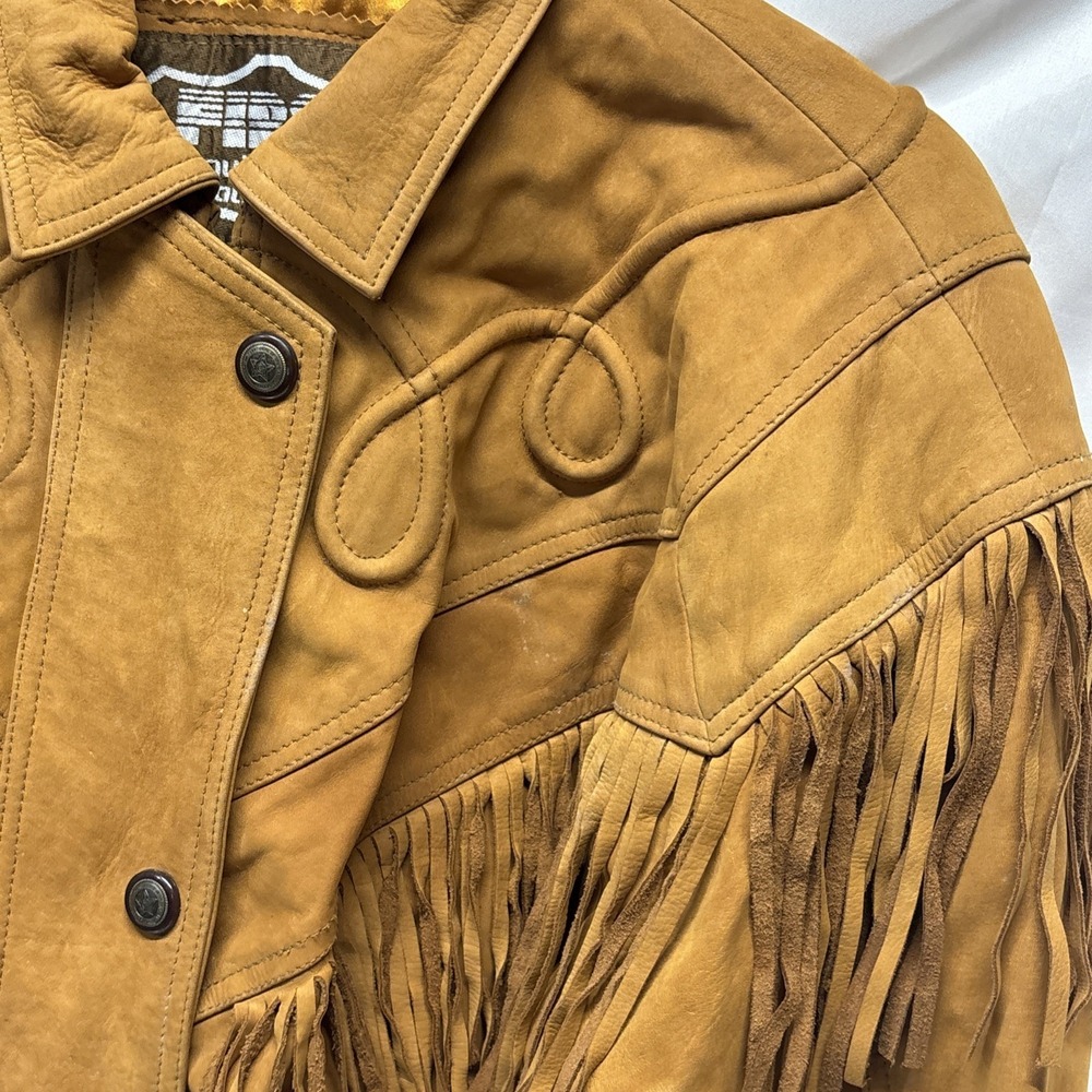 VTG 80s FIRST Western Fringe Cropped Moto Leather Jacket Womens Tan Quilted Med - Picture 3 of 9